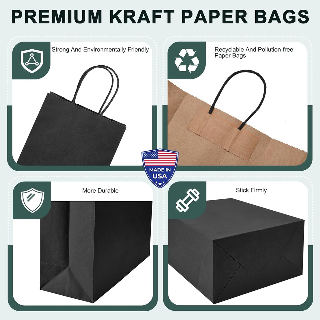metronic kraft paper gift bags with handles 5.25x3.75x8 showing dimensions