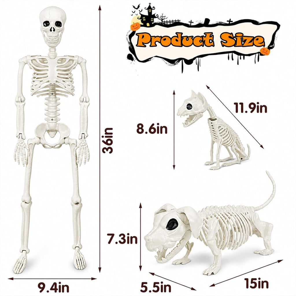 36" Halloween Skeleton Decorations - 3FT Posable Skeleton with Dog & Cat