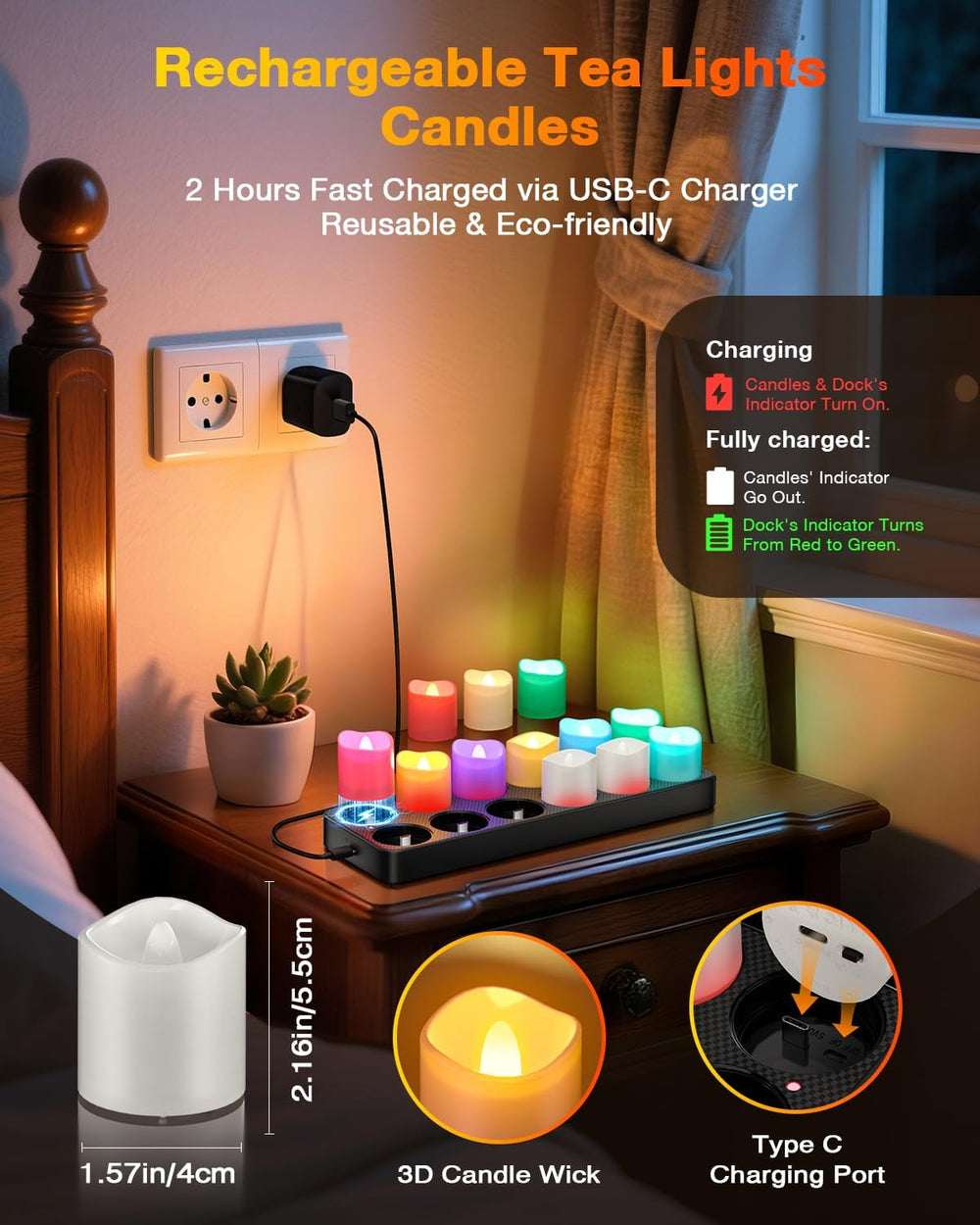 Yme Rechargeable Color Changing Tea Lights Candles with Remote & Timer