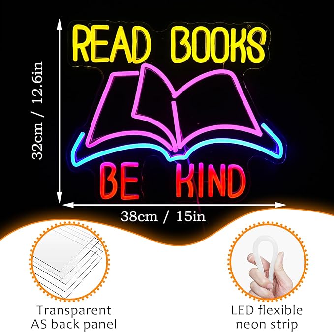 Read Books Be Kind Neon Sign Dimmable USB Powered Read Books Neon Light for Wall Decor Be Kind Led Light Sign Bright Books Light Up Sign for Classroom Reading Room Bookstore Library