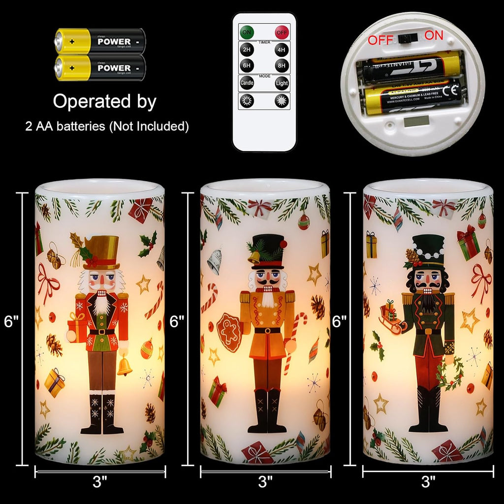christmas nutcracker flameless pillar candles with remote timer shown in use
