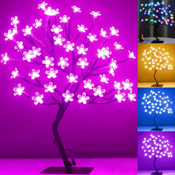 Pooqla 18 Inch 48 LED RGB Cherry Blossom Tree Light with Remote 16 Color-Changing LED Artificial Flower Bonsai Tree Table Top Lamp Home Lit Tree Centerpieces Christmas Decor