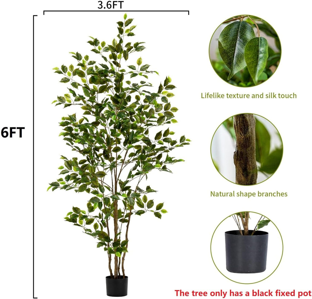 Artificial Ficus Tree Indoor 6ft, Large Potted Faux Tree with Realistic Silk ...