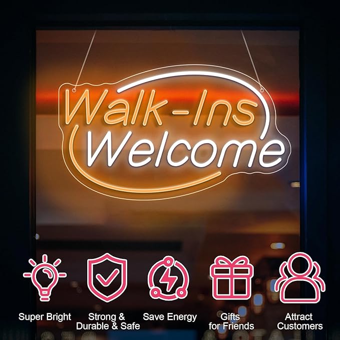 Walk-Ins Welcome Neon Sign, Neon Sign For Wall Decor, Yellow + white Led Signs Usb Powered, Living Game Room Decor, For Bedroom Restaurant Bar Hotel Shop Party Birthday(16.5x9.4in)