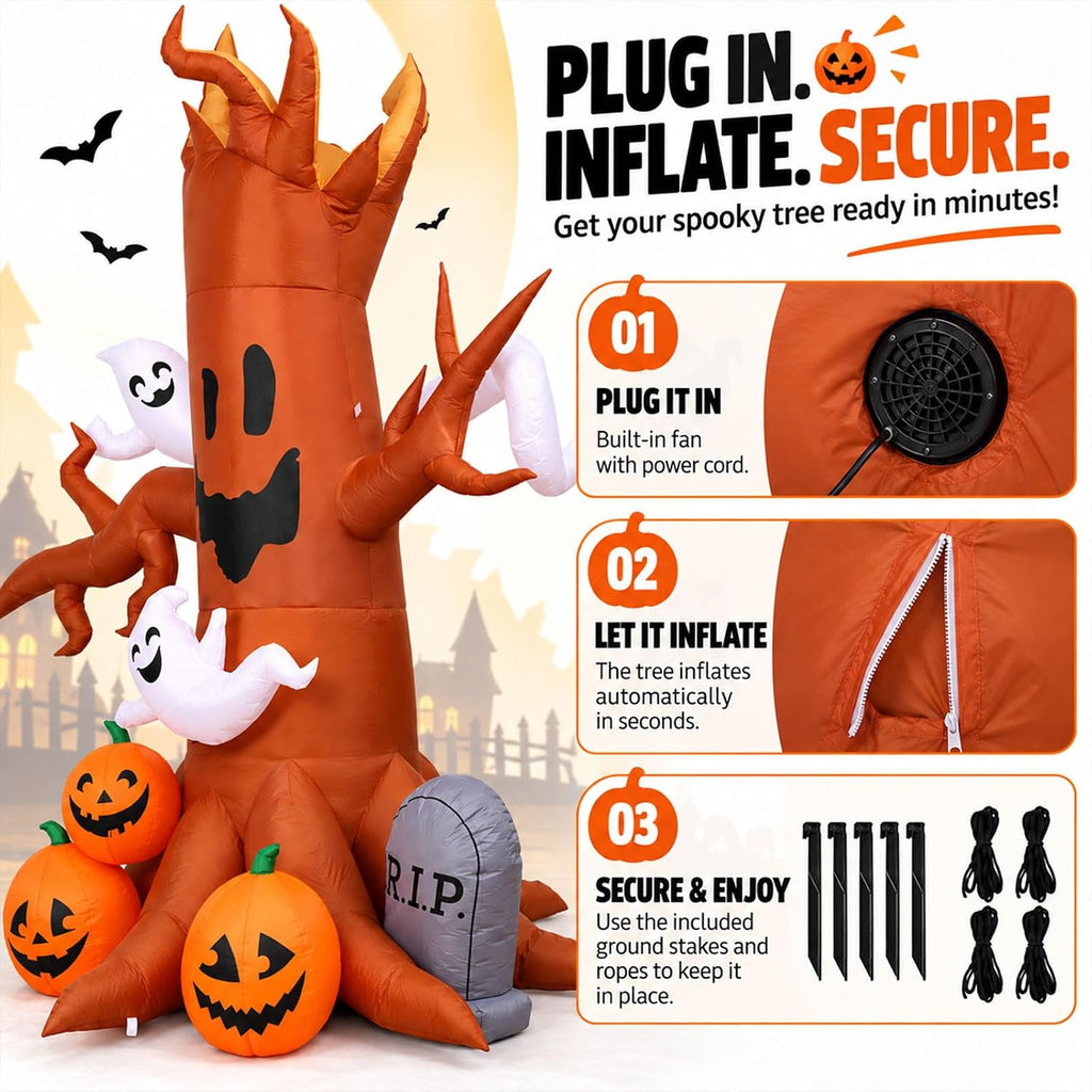 8ft halloween inflatable ghost tree decoration with pumpkins showing dimensions