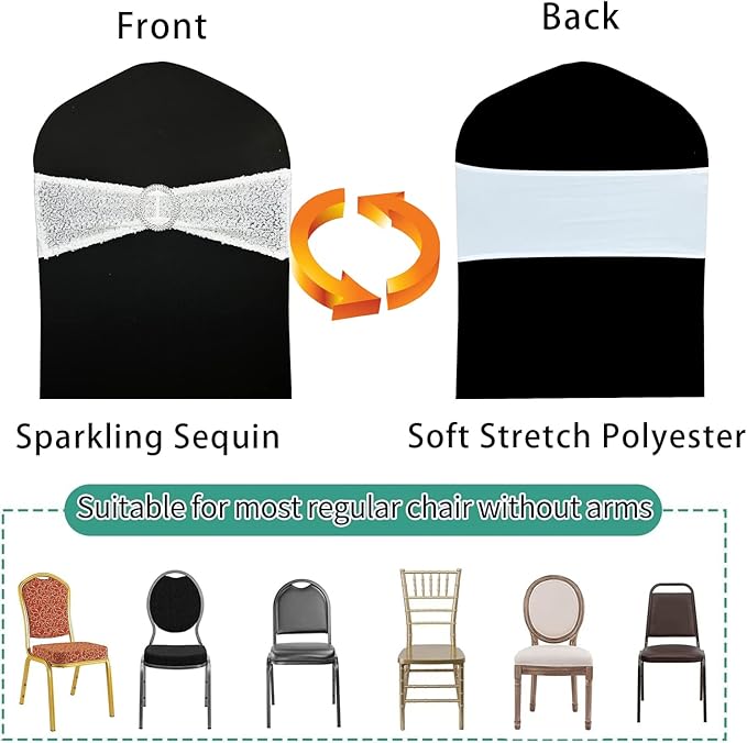 25 Pcs Sequin Chair Sashes Stretch Chair Bands Spandex Polyester Bows for Party Hotel Wedding Banquets Decoration - White
