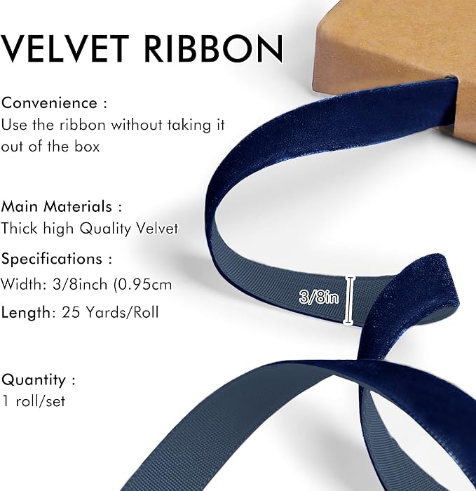 Navy Blue Velvet Ribbon 3/8'' 25 Yards for Christmas Tree, Gift Wrapping, Flower Bouquet, Wreath Decorations, Bow Making