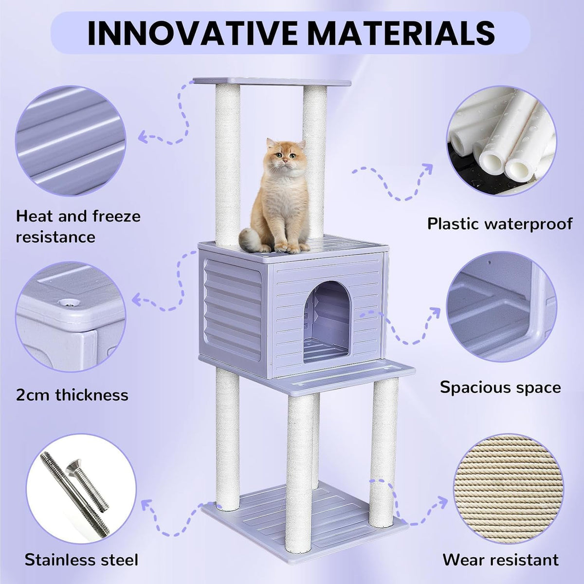 61in Weatherproof Large Cat Condo with Scratch Post for Indoor&Outdoor Cats