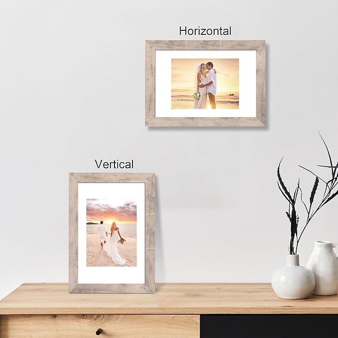 8x12 Picture Frame Set of 4 with High Definition Glass, Smoke Gray Frame Display 6x8 Picture with Mat or 8 x 12 Without Mat, Wood Rustic Photo Frames for Tabletop Display and Wall Mounting