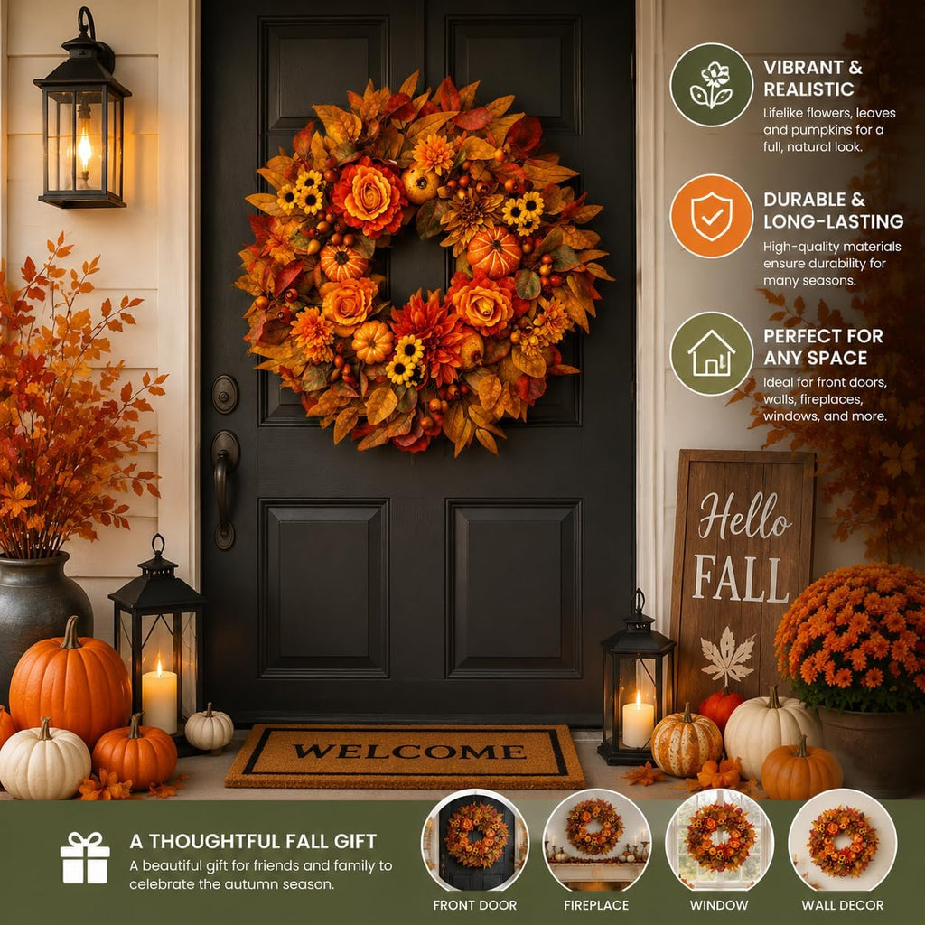 24 inch fall wreaths for front door autumn showing dimensions