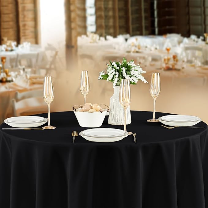 Fitable 8 Pack Round Tablecloths: Stain Resistant Wrinkle Free Circle Table Clothes, Washable Reusable Polyester Table Covers for Wedding Party Birthday Banquet Reception(Black, 120 Inch)