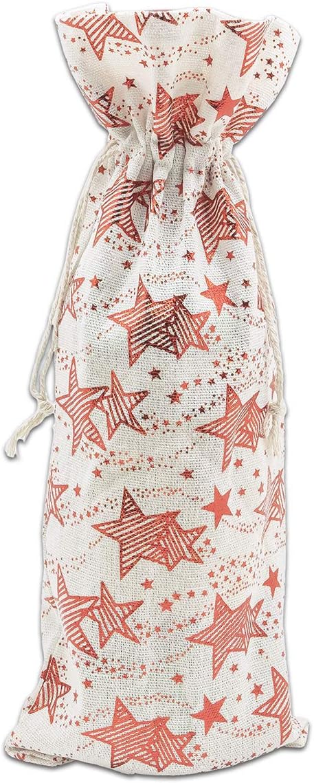 48-pack Muslin Cotton Canvas Wine Bottle Gift Bags w. Drawstring (Red Stars, ...
