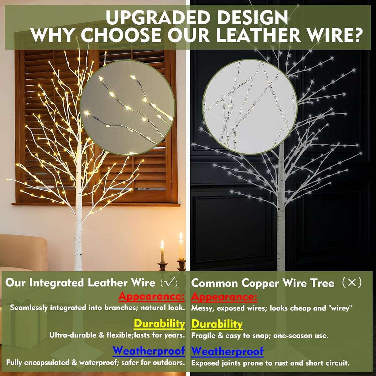6ft lighted birch tree, 260 led plug-in fairy, close-up detail