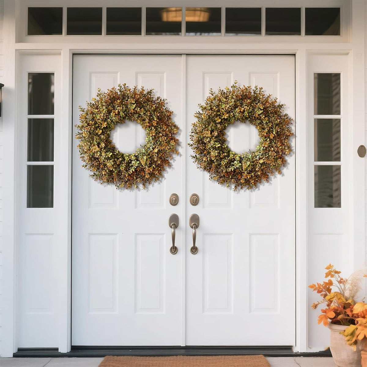 26''Large Artificial Fall Boxwood Wreath for Front Door Decor(Orange-Green)