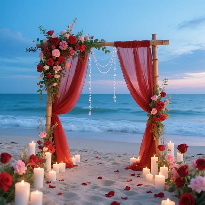 VOK Red Wedding Arch Draping Fabric 29in x 18Ft 4 Panels Sheer Chiffon Curtain Drapes Extra Long for Outdoor Wedding Ceremony Birthday Party Decoration
