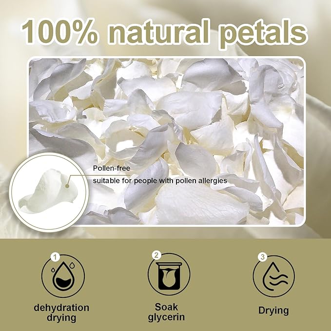 3.5 Oz Dried Rose Petals Wedding Biodegradable Petals, Natural Preservation Real Flower Petals, Suitable for Flower Petals for Flower Girl, Romantic Night, Table Decoration (White, 100g)