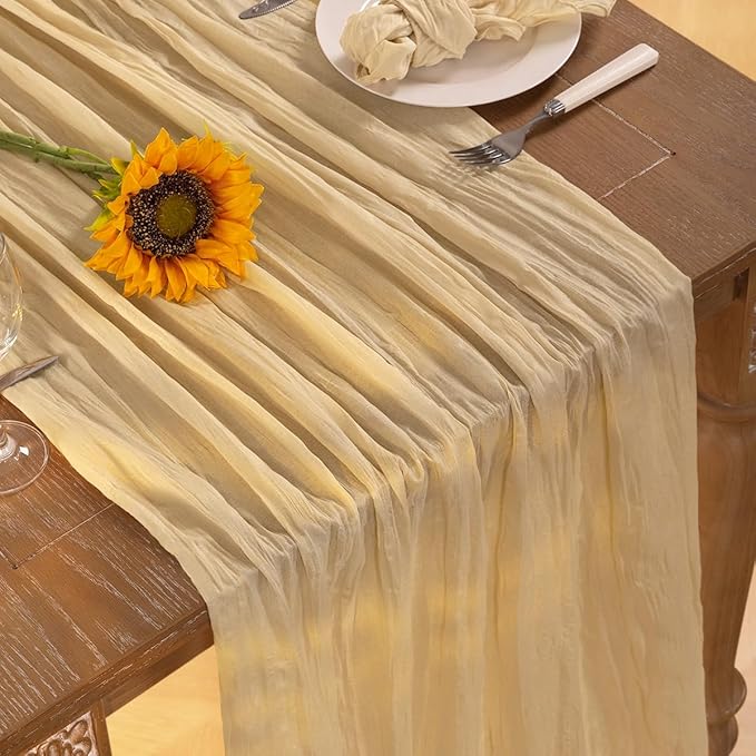 Champagne Gold Cheesecloth Table Runner 6 Pack Fall Table Runners Boho Gauze 120 Inches Champagne Cheese Cloth Fall Table Decorations for Thanksgiving Wedding Bridal Baby Shower Parties