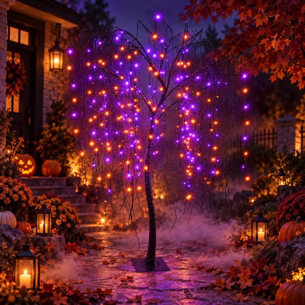 7 FT Halloween Lighted Willow Tree 256 LED Orange and Purple Lights Artificial Weeping Willow Tree with 6 Spiders Outdoor Indoor Decoration Christmas Festival Party Home Decor
