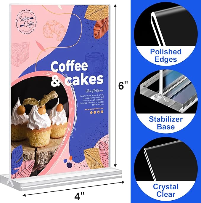 Acrylic Sign Holder 4x6 Inches 24 Pack, Double Sided Clear Display Stand Table Top Sign Paper Holder, Vertical Menu Flyer Holder, Plastic Sign Frame for Stores, Restaurants, Hotels, Office