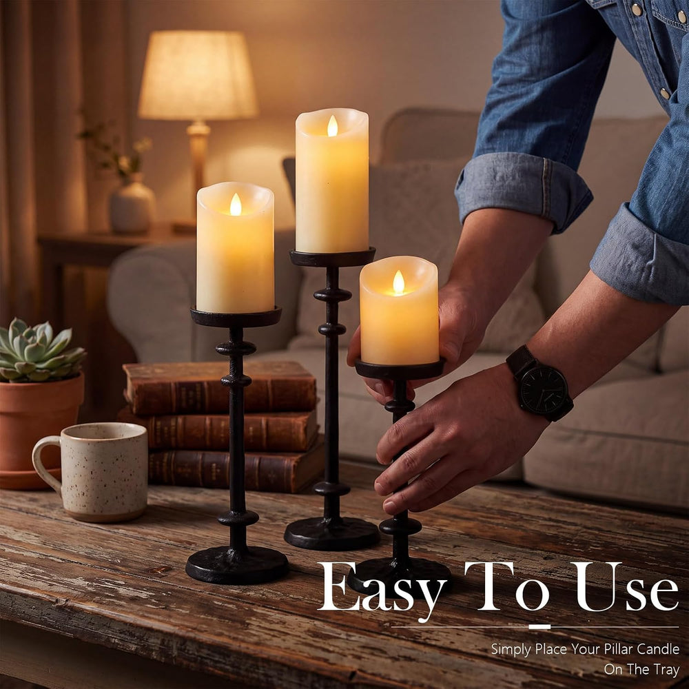 Mumufy 3 Pcs Pillar Candle Holder Set Black Cast Iron Candlestand, 8"10&...