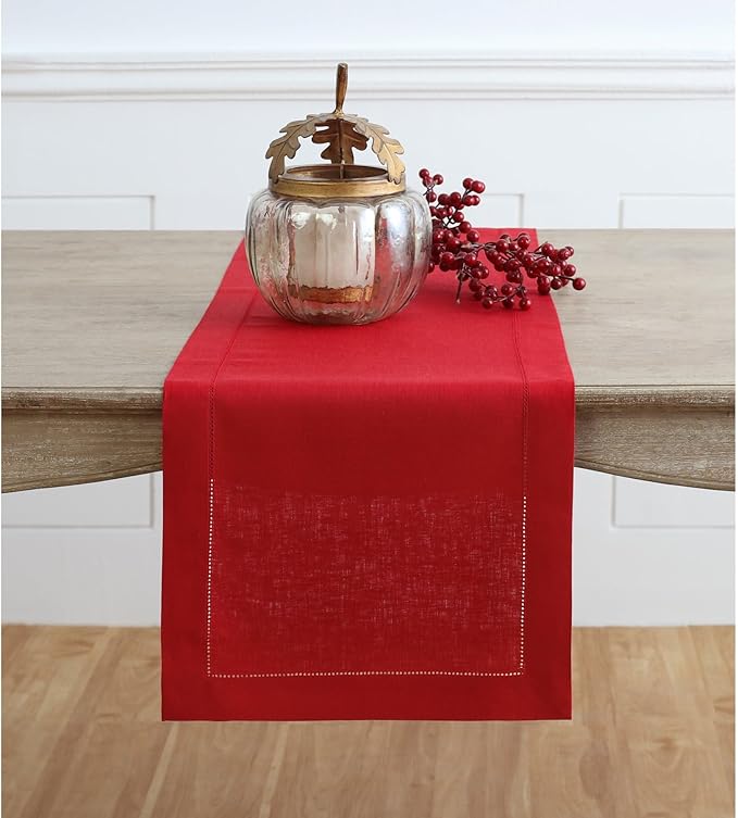Solino Home Linen Red Table Runner 48 Inches - Classic Hemstitch, 100% Pure Linen Coffee Table Runner 14 x 48 Inch Ideal for Dresser Tables - Christmas, Holiday