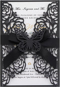 50pcs Black Wedding Invitation Kit Butterfly Laser Cut Invittations Pocket with Blank Inner Sheets and Envelopes for Wedding Anniversary Quinceañera Birthday Party Invites 4.9x7''
