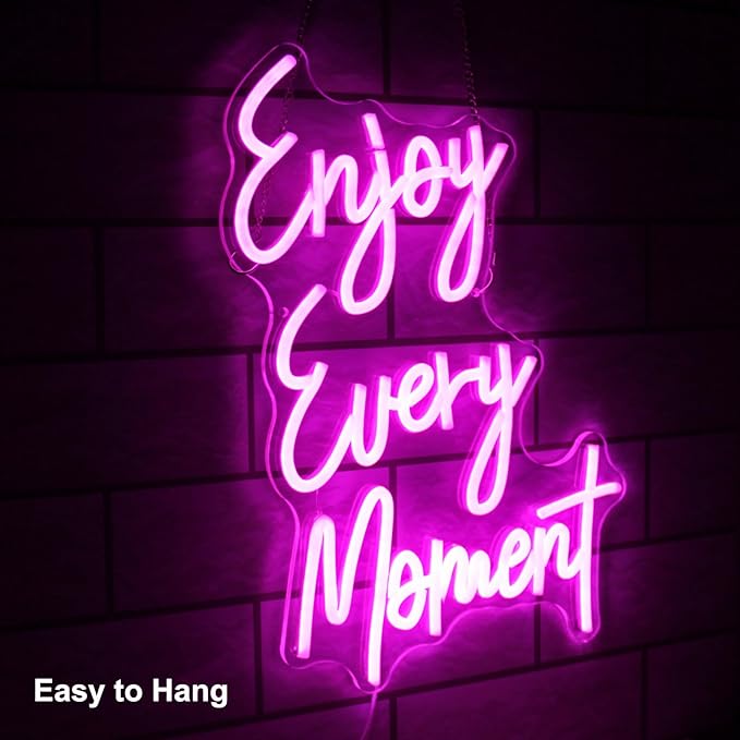Enjoy Every Moment Neon Sign Pink Letter LED Sign Words Neon Light Up Sign Enjoy Neon Signs for Wall Decor LED Neon Lights Signs for Bedroom Bar Restaurant Salon Party Decor