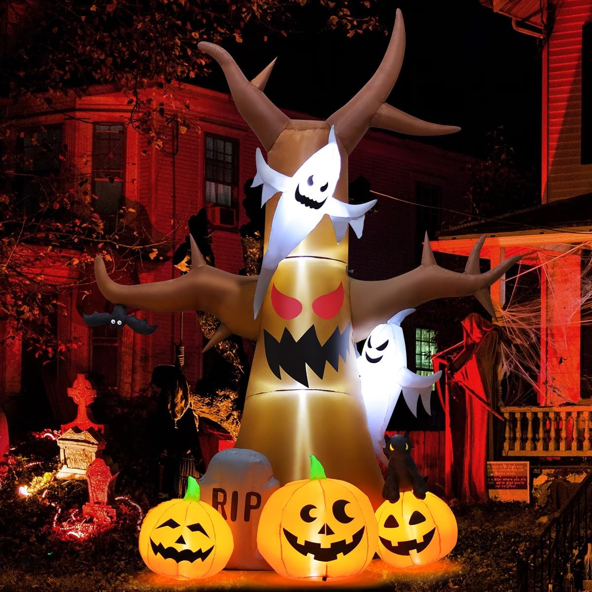 GOOSH 12 FT Halloween Inflatables Tree Outdoor Decorations Blow Up Yard Scary Dead Tree with Pumpkin Ghost Tombstone with Built-in LEDs for Garden Lawn Indoor Party Decor