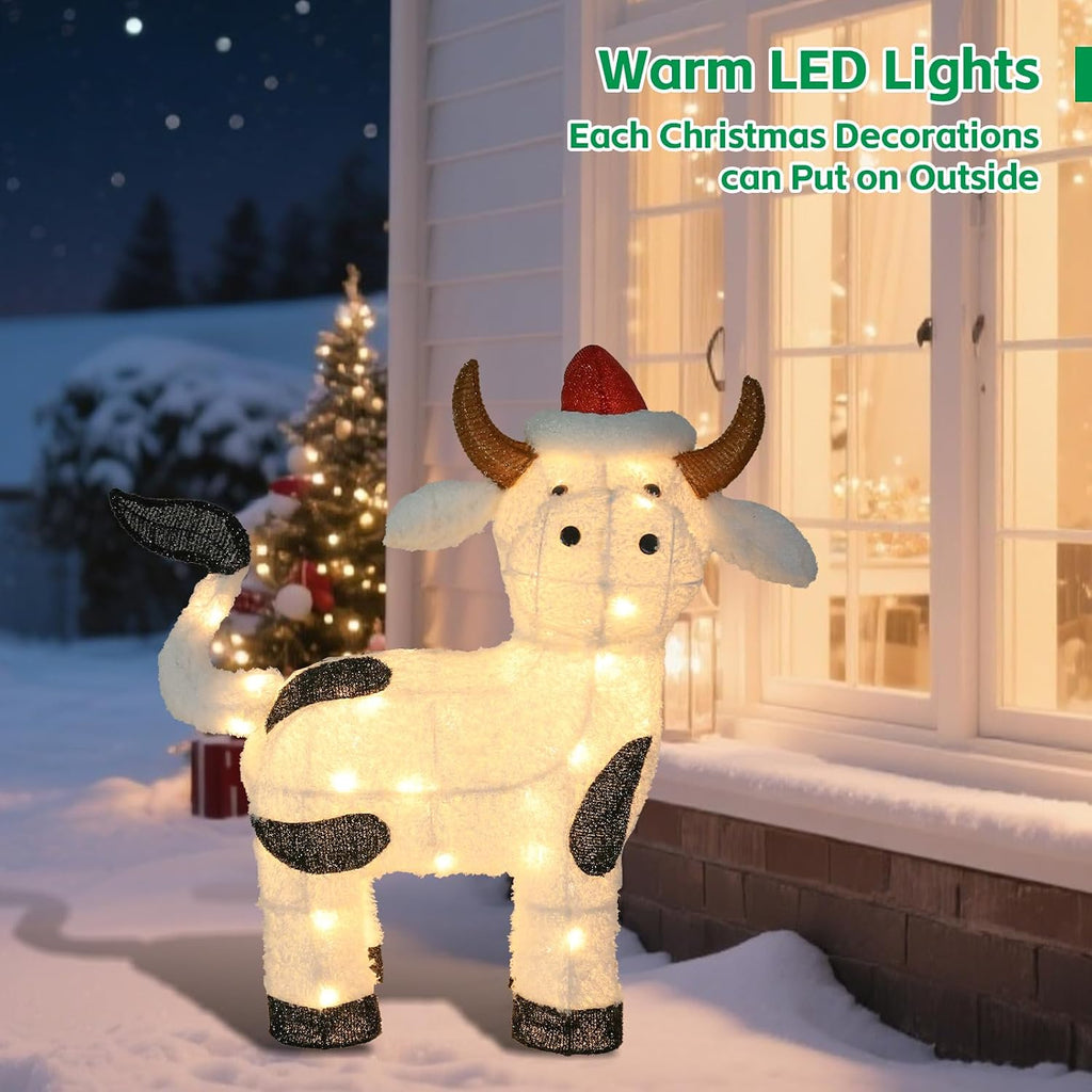 light up cow christmas outdoor decoration, farm animal shown in use