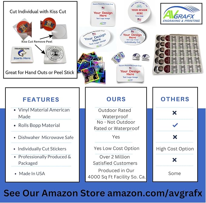 125 avgrafx 3x2 Rectangle Custom Personalized Stickers Labels: Vinyl Waterproof, Dishwasher Safe Made in USA - Logo, Text, Image for Car Sticker Printer, Small Business Packaging Supplies