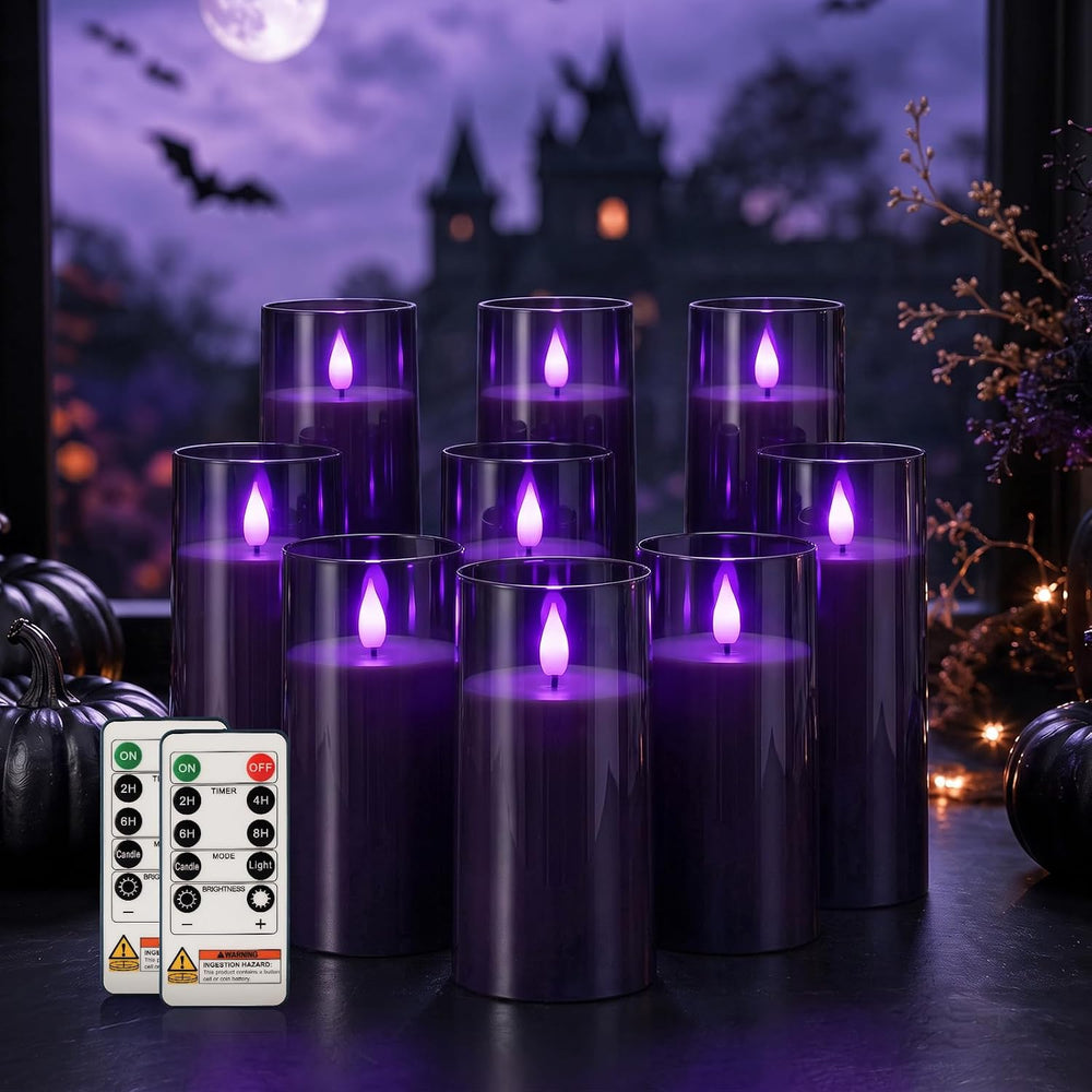 Homemory Dark Gray Flameless Candles, Purple Glow, Remote Timer, Set of 9
