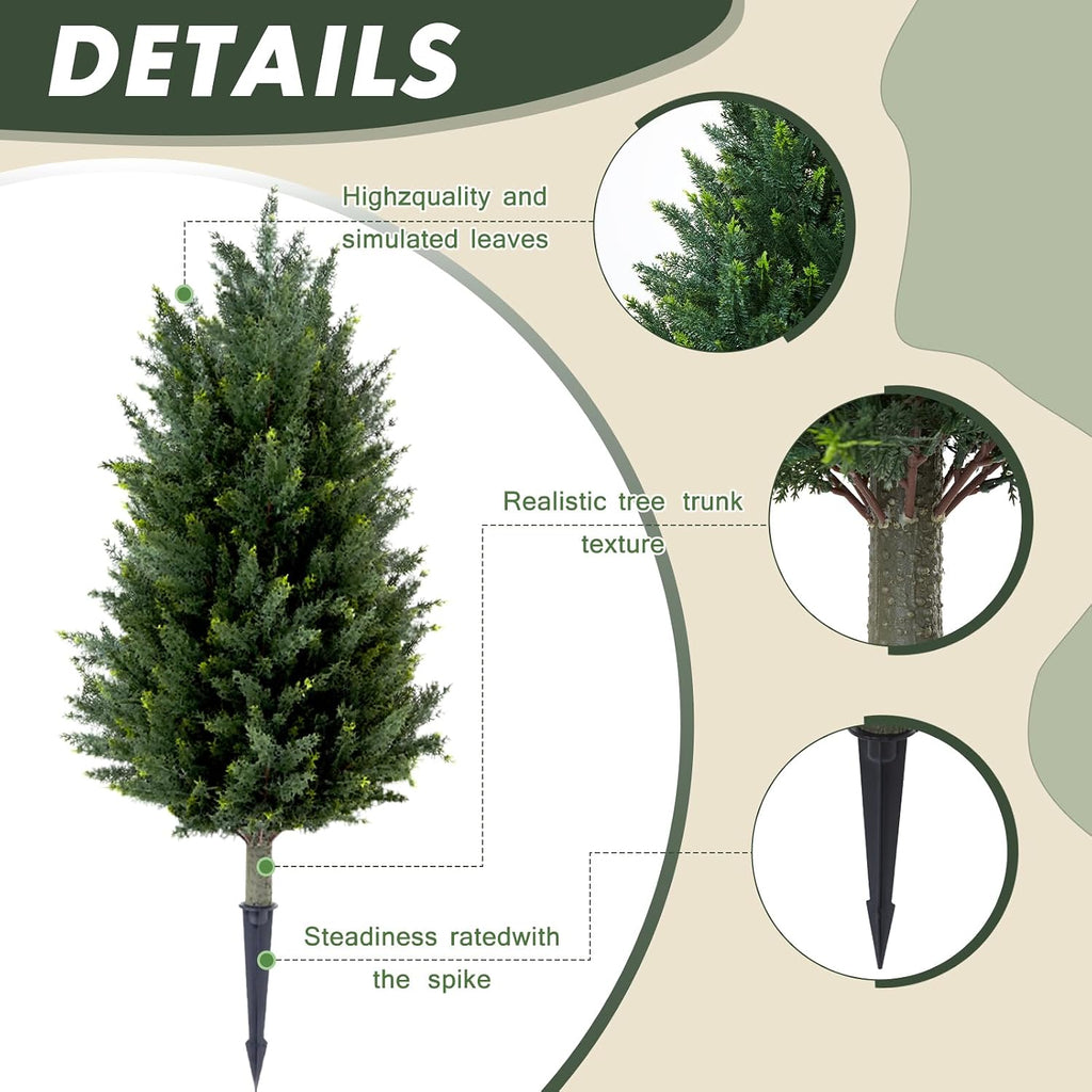Set of 2 Artificial Cedar Topiary Christmas Trees, 3FT UV-Resistant Faux Cypress Shrubs with Ground Spikes — Tall Evergreen Decorative Plants for Outdoor and Indoor Porch, Patio, and Garden