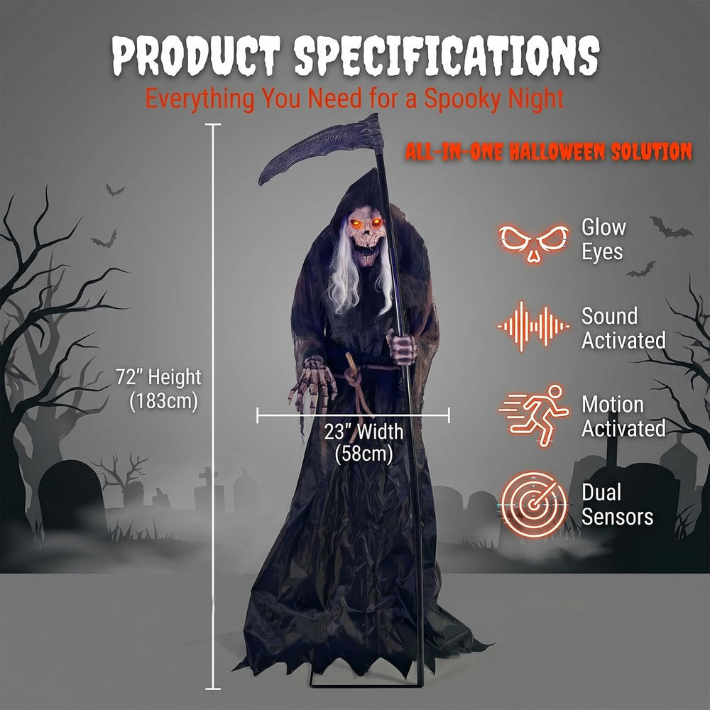 6FT Animated Grim Reaper Halloween Decoration - Sound Activated Halloween Ani...