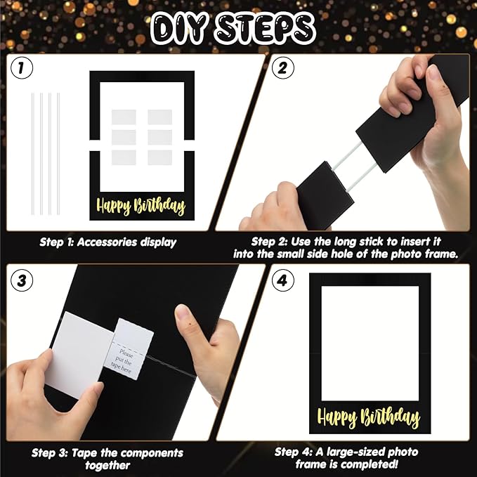 32 x 24 Inch Large Photo Booth Props Picture Frame Happy Birthday Party Frame DIY Cutouts Photo Booth Props Selfie for Party Supplies Favors(Black Gold,Happy Birthday)