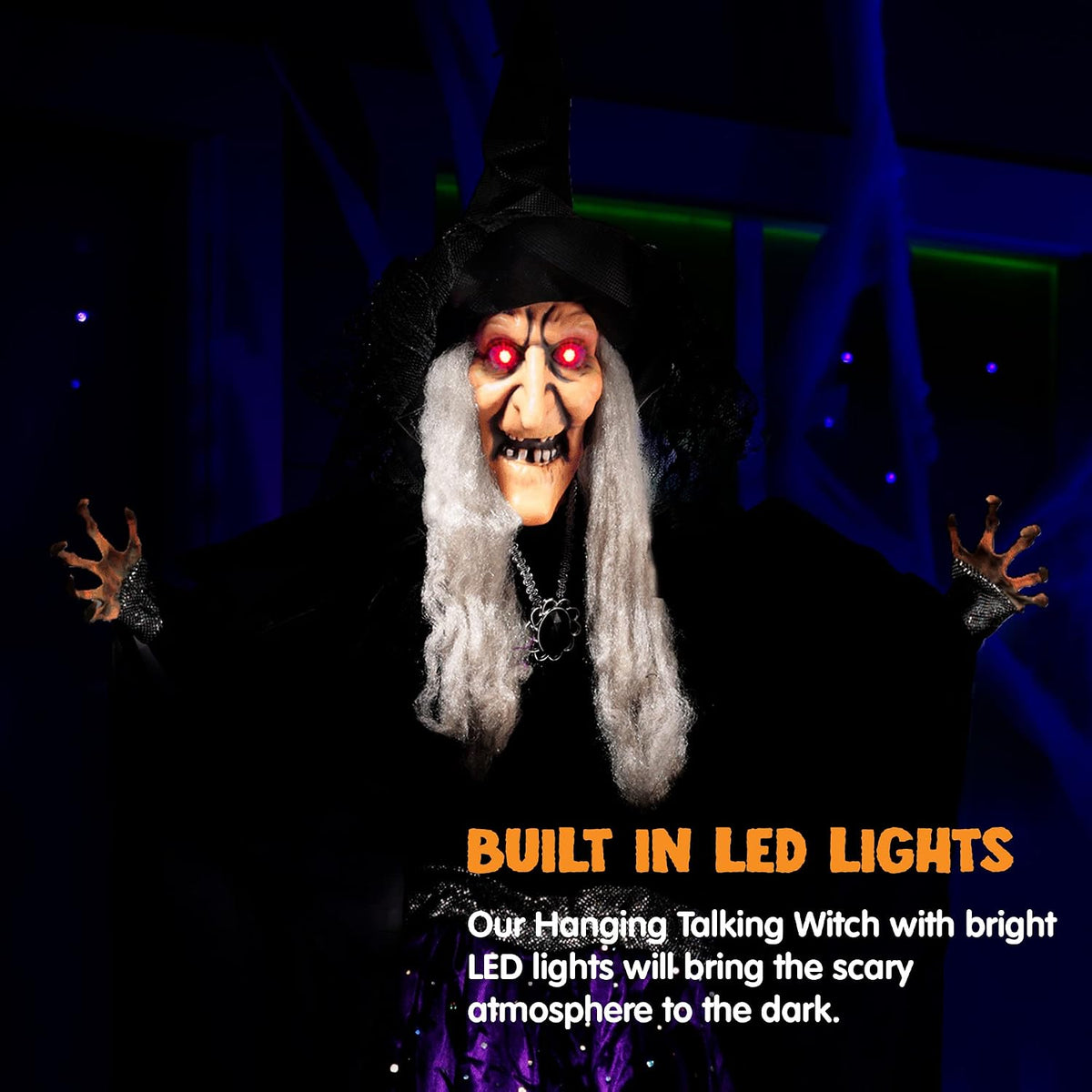 JOYIN 47” Animated Witch Halloween Decorations Outdoor Indoor, Scary Halloween Animatronics Decor, Hanging Ghost Talking Sound Activated Led Lights Eyes Haunted House Yard Garden Lawn