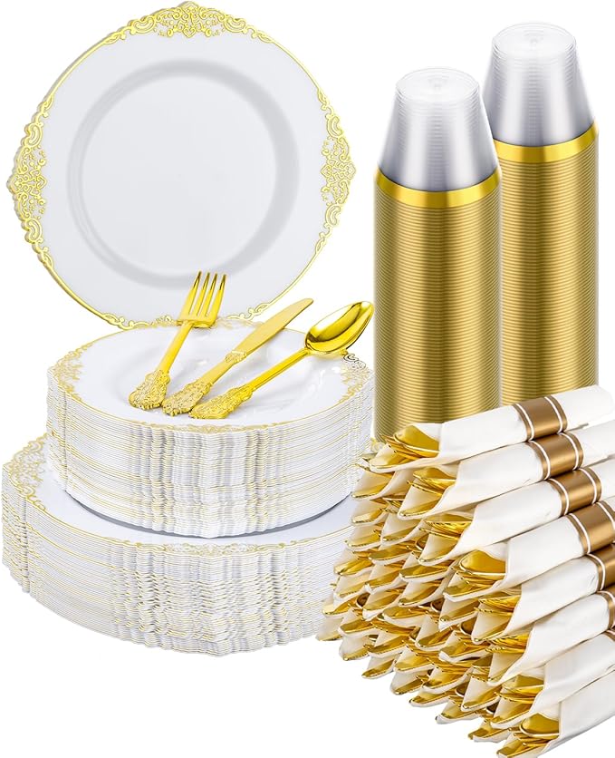 Goodluck 350 Piece Gold Plastic Dinnerware Set for 50 Guests, Fancy Disposable Plates, Include: 100 Gold Rim Plastic Plates, 150 Silverwares, 50 Pre Rolled Napkins, 50 Cups for Party, Wedding