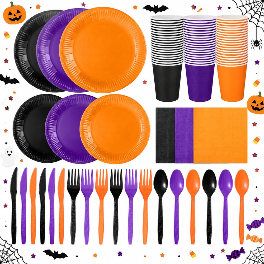 Ziliny 420 Pcs Black Orange Purple Paper Plates and Napkins Paper Cups Set