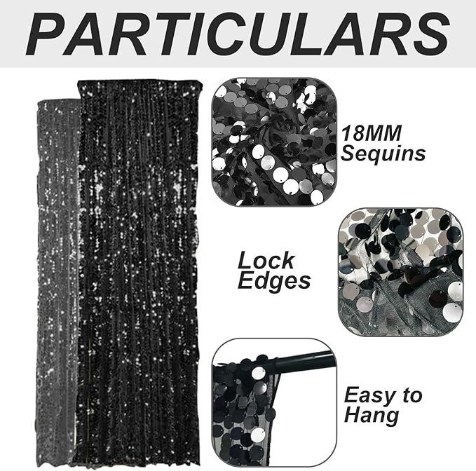 18MM Black Big Sequin Payatte Backdrop Curtains 4.5FTX9FT 2 Panels-Black Drapes Curtains for Thanksgiving Christmas Home Party Supplies