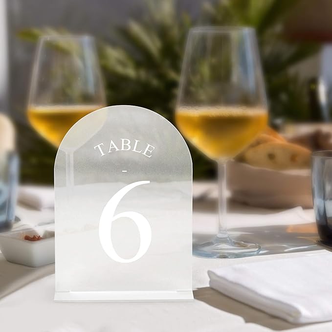 JOYIT Frosted Arch Wedding Table Numbers 1-50 with Stands – 5" X 7" Acrylic Sign Table Number Holders, Perfect for Wedding Receptions, Parties, Anniversaries, and Events