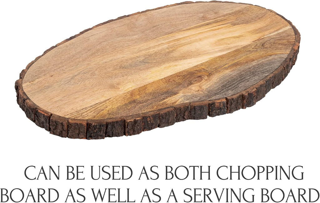 gocraft oval wooden cutting board with tree bark showing dimensions