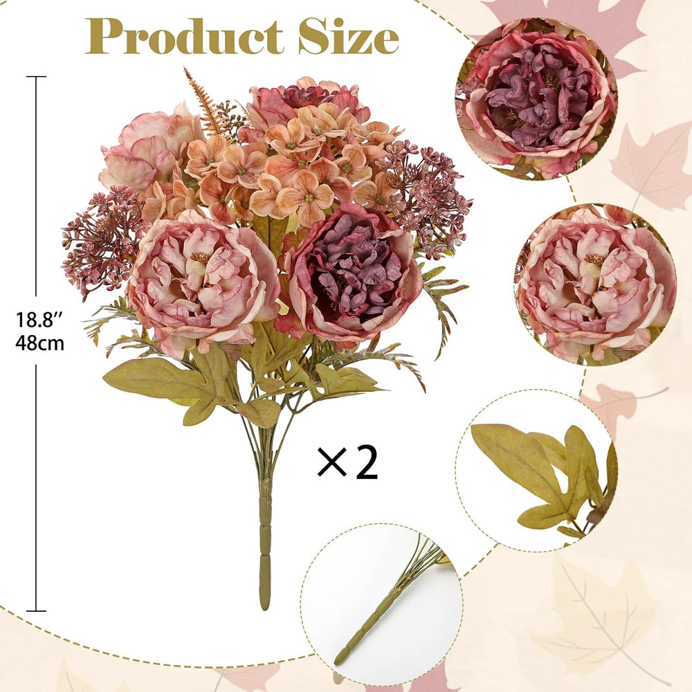 Hollyone 2Pcs Artificial Fall Flowers Bouquet 18.8" Pink Dried Peony Hyd...