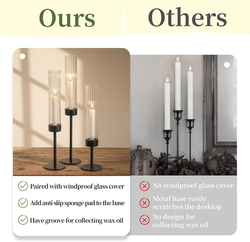 Glasseam Black Candlestick Holders, 6Pcs Fluted Glass Hurricane with Taper