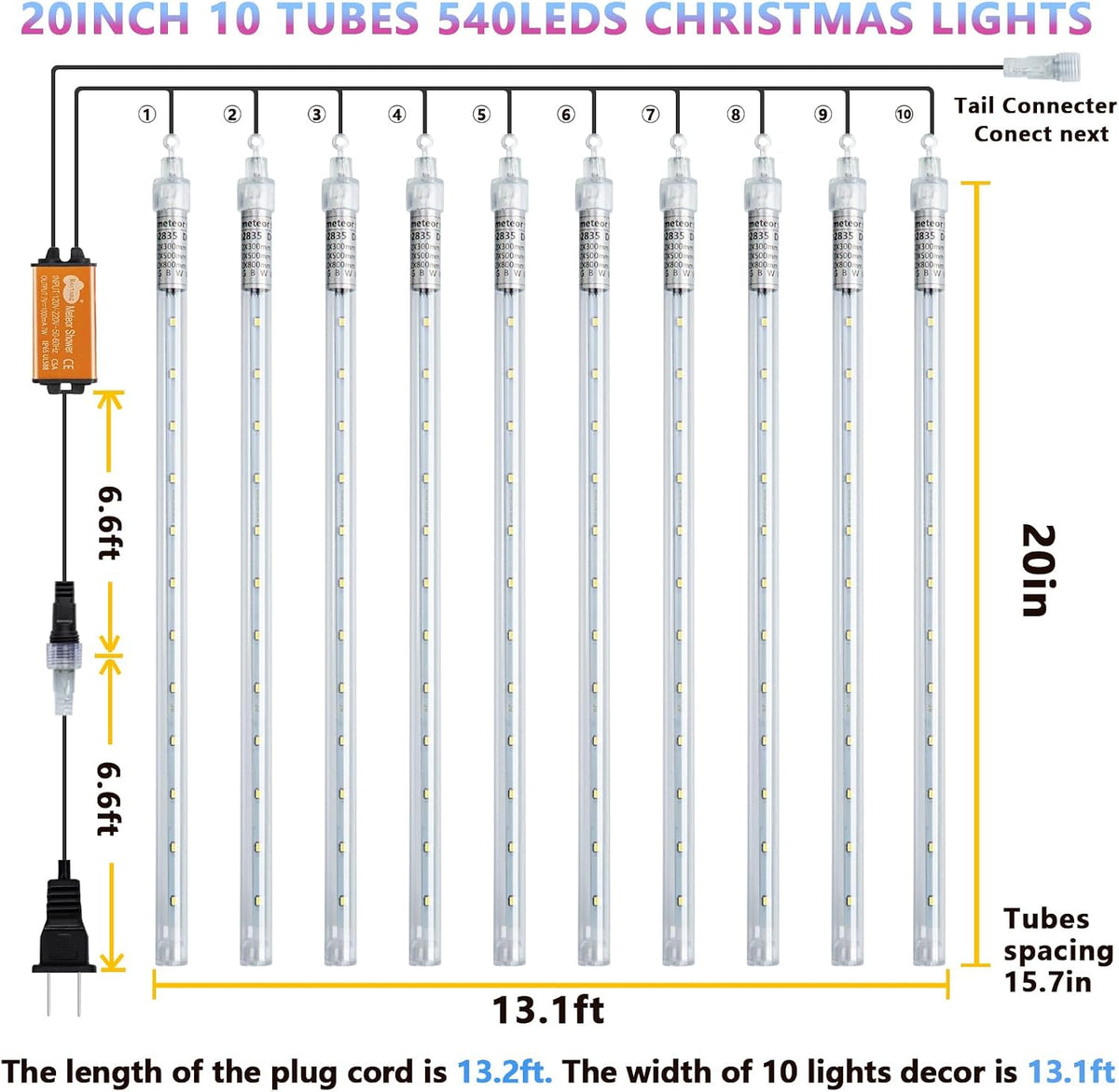 purple meteor shower lights, 10 tube 540 led showing dimensions