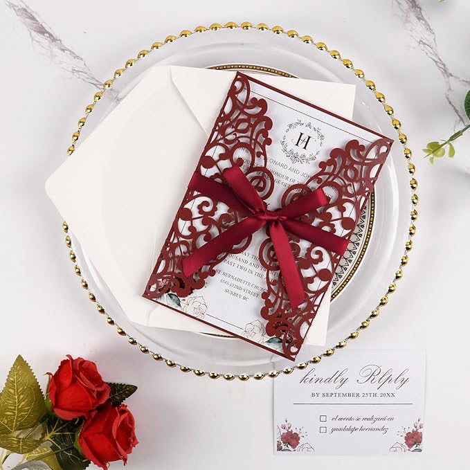 50pcs Burgundy Wedding Invitation Cards Pocket with Envelope Blank Inner Sheets Ribbons laser Cut invitations for Wedding Bridal Shower QuinceañEra Engagement Birthday Invites