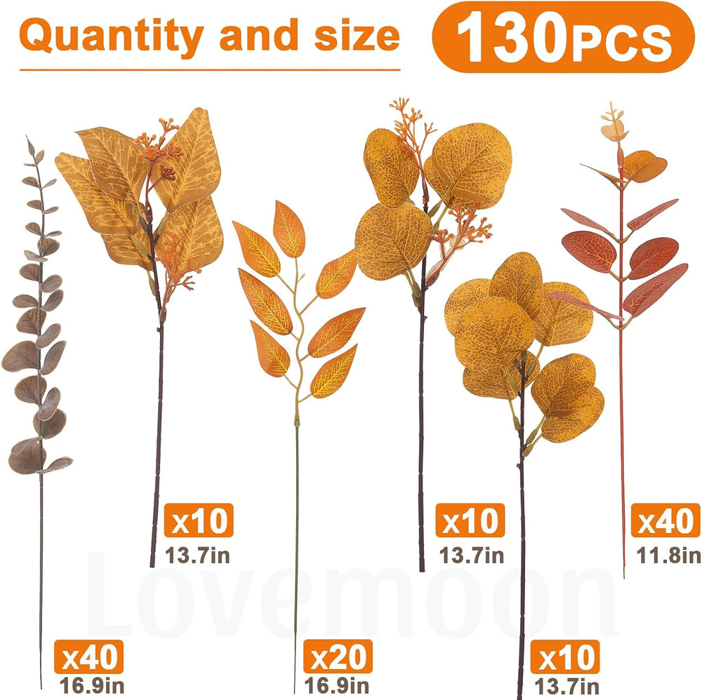 lovemoon 130 Pcs Fall Mixed Greenery Artificial Eucalyptus Stems, Orange