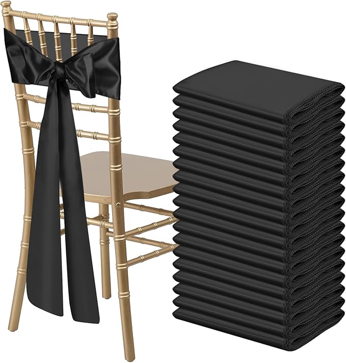 50 PCS Black Satin Chair Sashes Bows Universal Chair Ribbon Ties Back Sash for Wedding Party Reception Events Banquets Hotel Event Chair Cover Decoration (Champagne 7x108 inch)