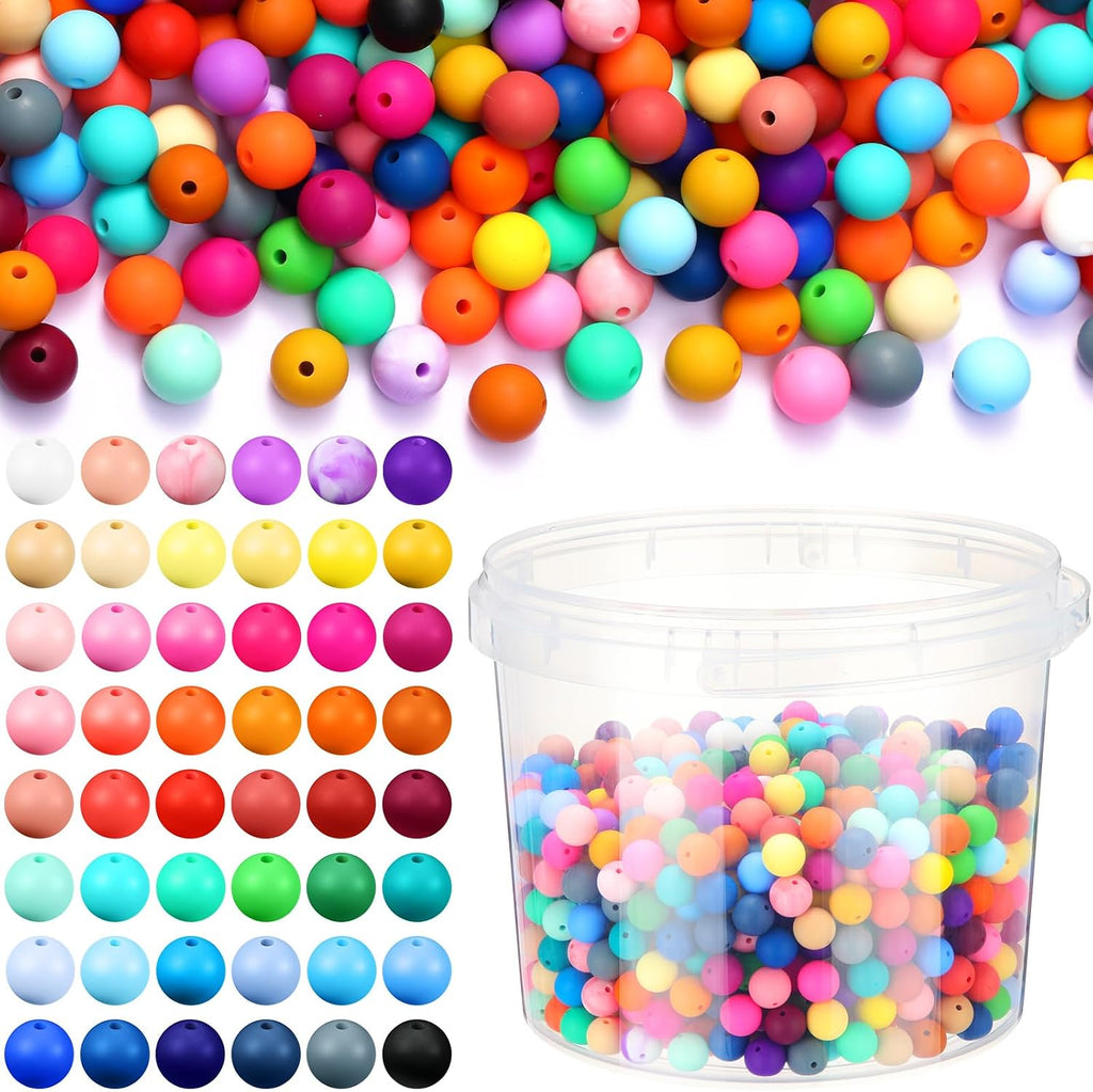 Hotop 1200 Pcs Round Silicone Beads Bulk for Keychain Making Kit 48 Colors Rubber Beads Silicone Focal Bead Loose Bead for Necklace Bracelet Lanyard Making (15 mm)