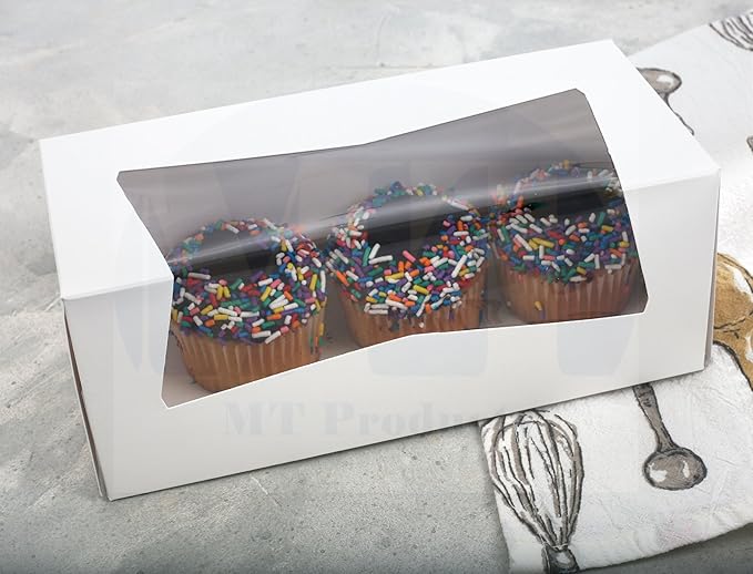 MT Products White Cupcake Boxes 9" x 4" x 3.5" - Auto Pop-Up Bakery Boxes with Window (Pack of 200) - Made in the USA