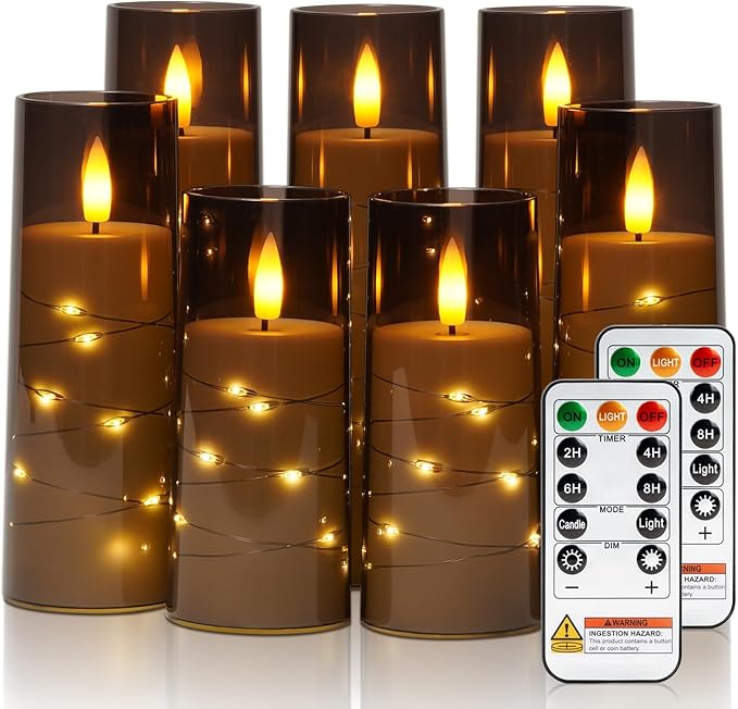 Raycare Flameless Candle with Remote Timer, 7 Flickering Acrylic Battery Operated LED Pillar Candles with Embedded Star String for Halloween, Home Decor, and as a Gift(Grey) (7 Pack)