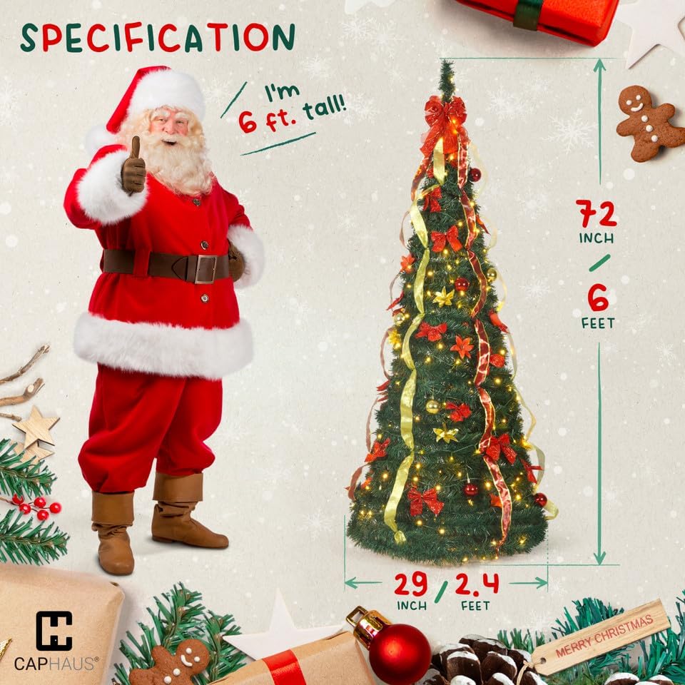 CAPHAUS 6FT Pop Up Christmas Tree with 300 LED Lights, Pre-Lit Foldable Artificial Tree, Pre-Decorated with Red & Golden Ribbon, Collapsible for Indoor Home Office Party Holiday Decoration